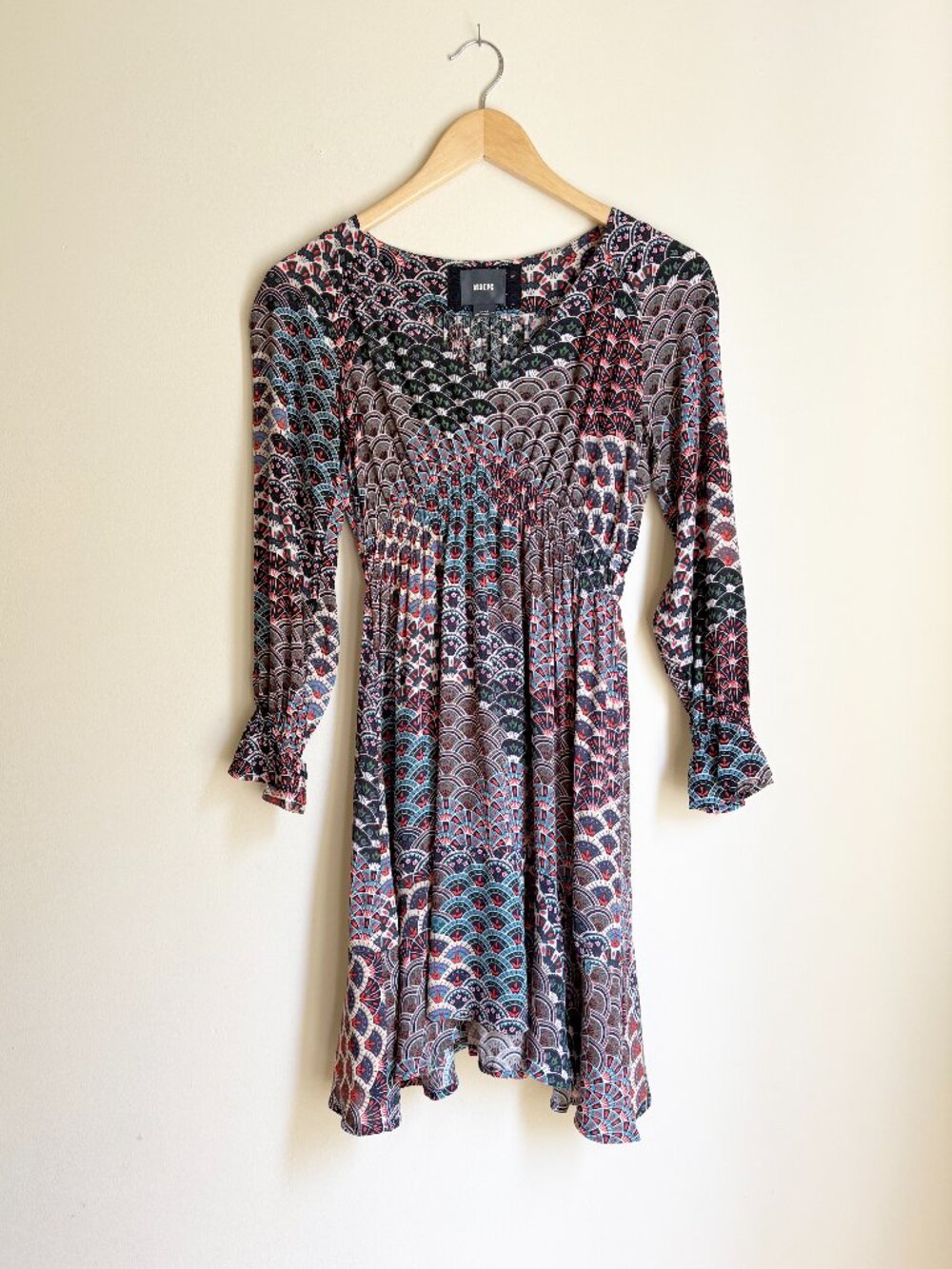 Maeve Anthropologie Monaco Empire Fan Print Dress XXSP XXS Petite Long Sleeve